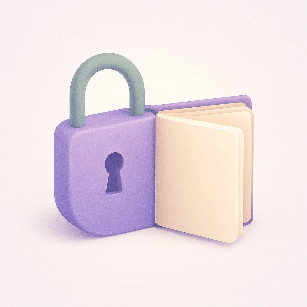 A padlock opening into a journal, representing your private space unlocking
