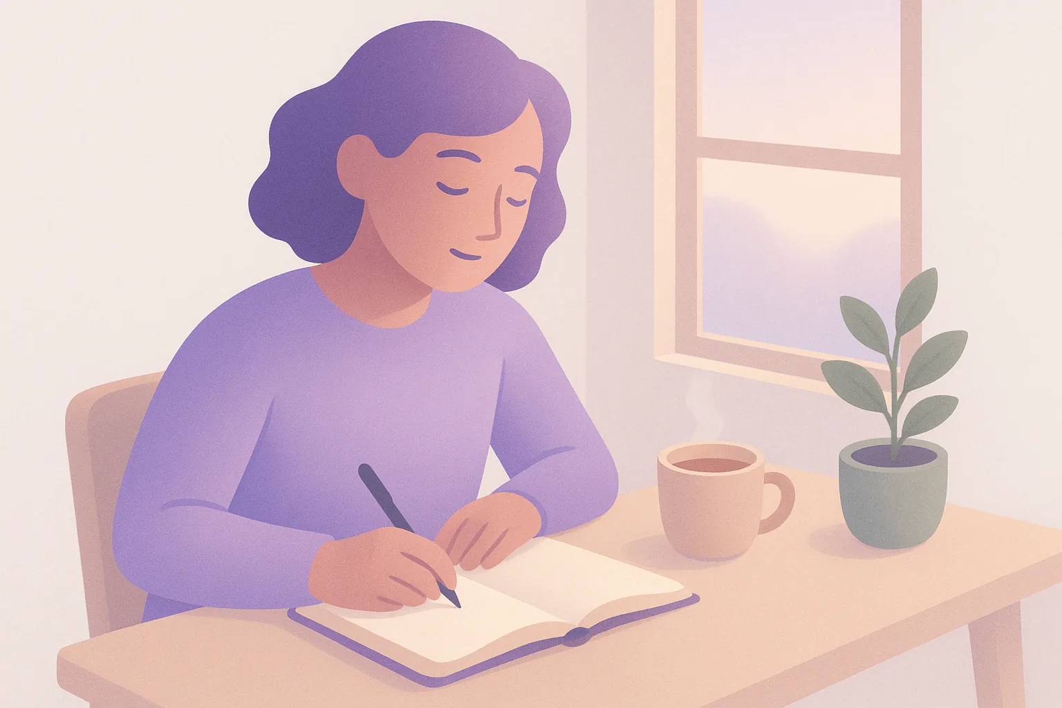 A person writing peacefully in a journal at a sunlit desk